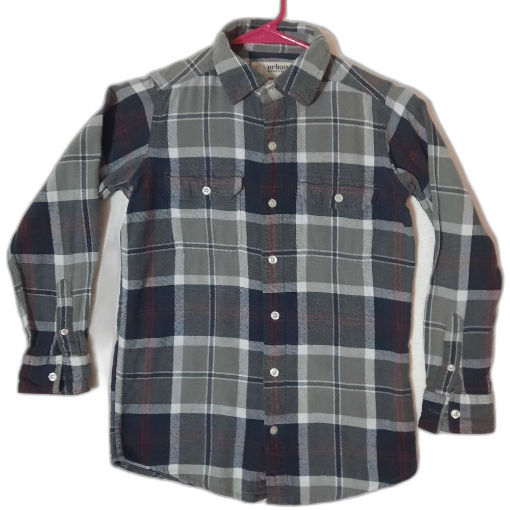 Urban Pipeline Boys Ultimate COTTON Flannel Shirt Gray Red Black Plaid, SMALL 8